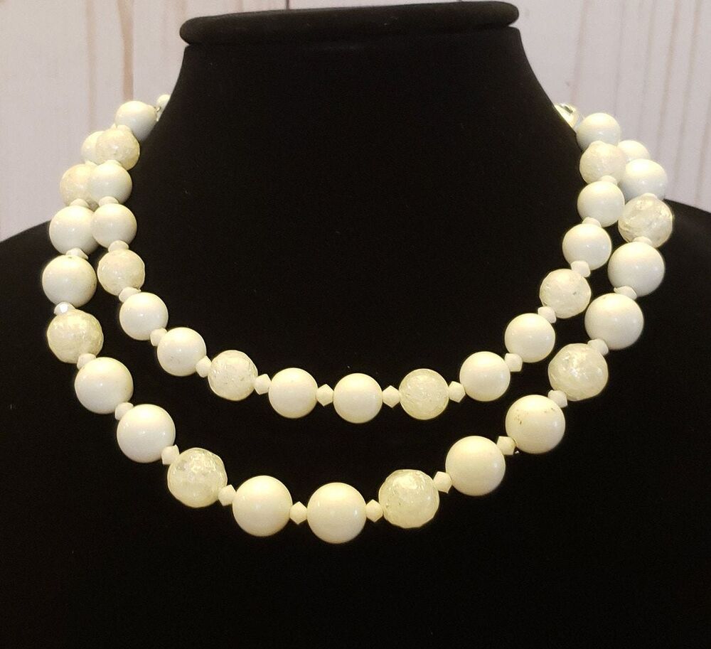 Vintage Double Strand Necklace White & Faux Crystal Beads w/Adjustable Clasp
